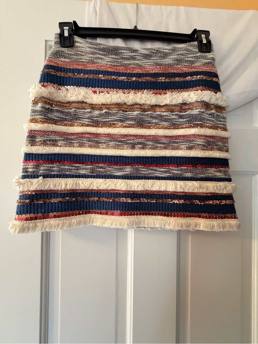 Moulinette Soeurs Navy, Cream & Red Striped Fringe Mini Skirt